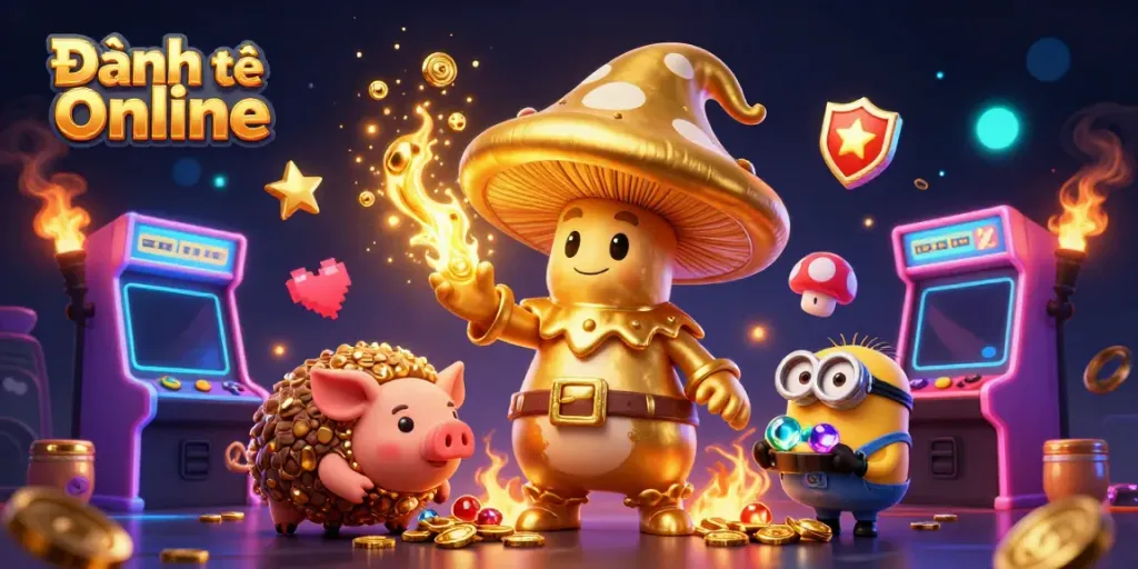 Engaging scene showcasing Đánh đề online where a magical mushroom wizard and treasure-hunting pig evoke excitement in a colorful gambling arcade.