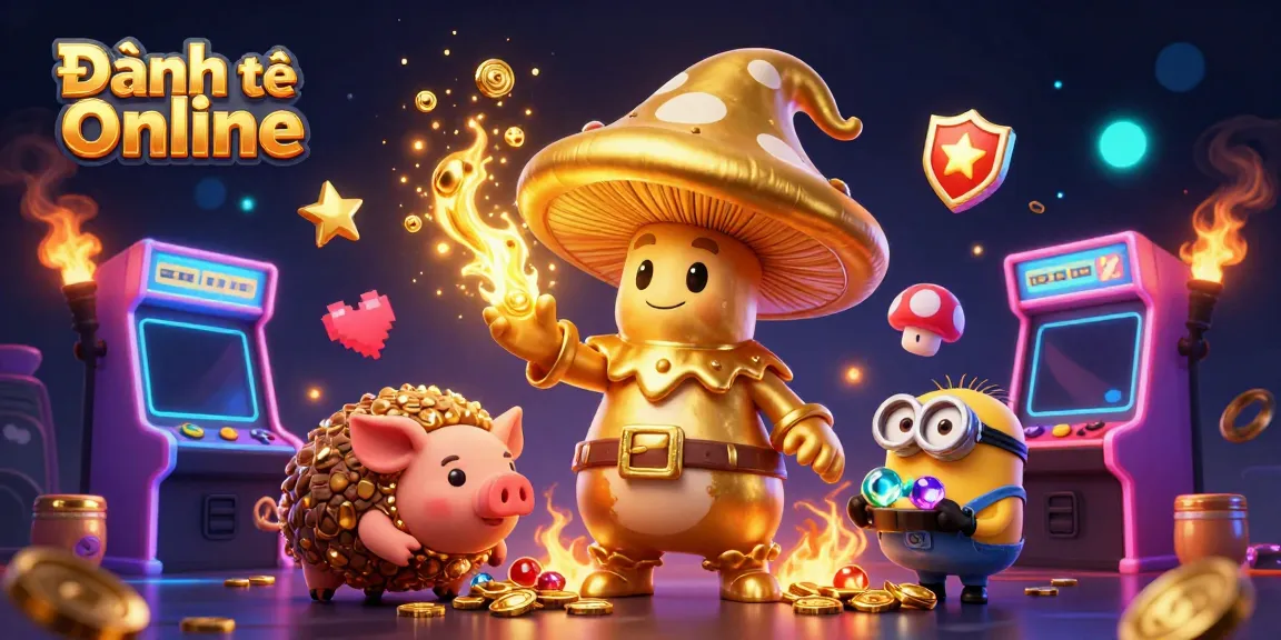 Engaging scene showcasing Đánh đề online where a magical mushroom wizard and treasure-hunting pig evoke excitement in a colorful gambling arcade.