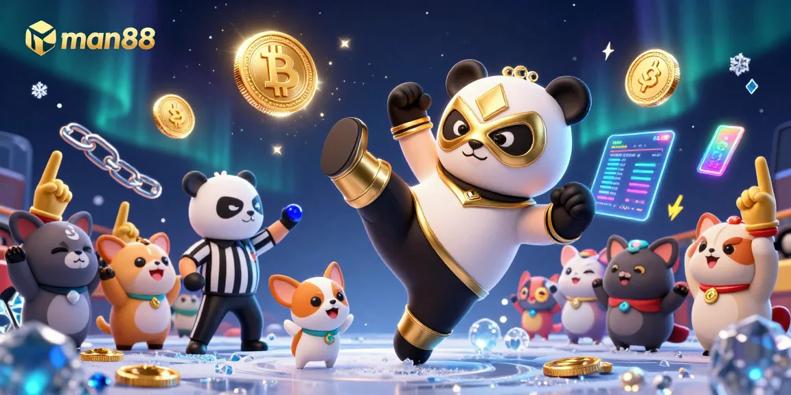 Engage with man88's vibrant 3D illustration showcasing a flying panda wrestler among crypto symbols.