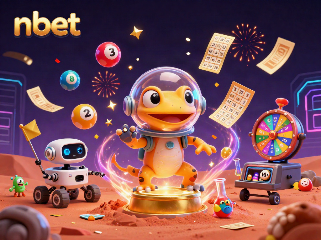 Experience excitement with nbet in this vibrant 3D casino scene featuring a Martian gecko discovering treasures.