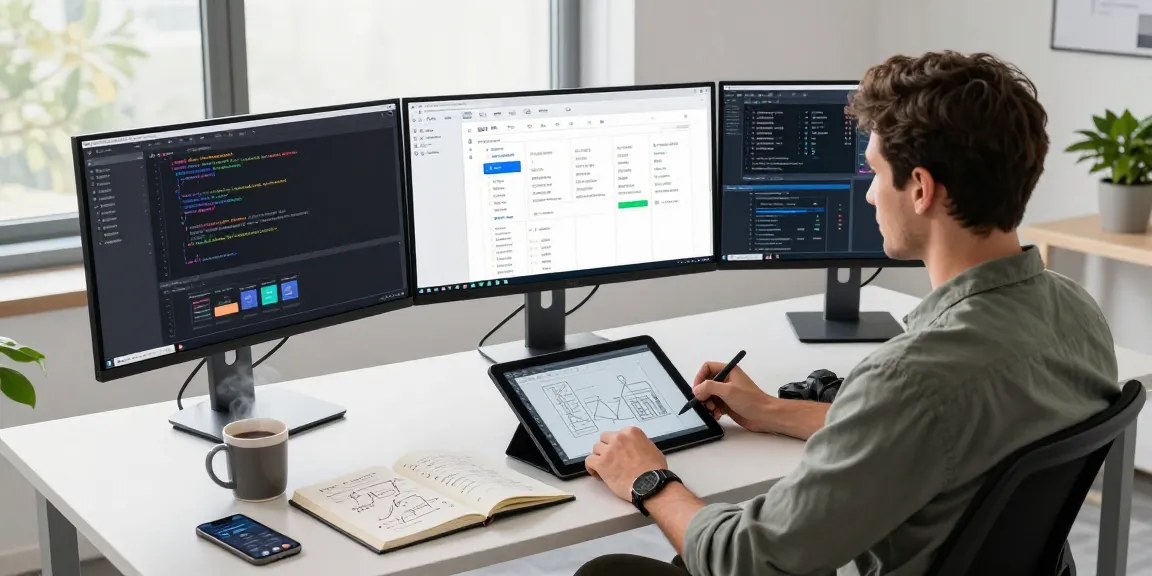 Build internal tools with AI in a modern workspace with developers coding and collaborating.