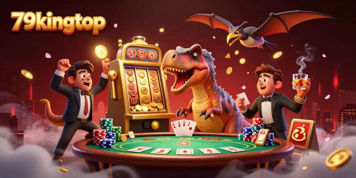 79kingtop casino illustration with a pachycephalosaurus and slot machine showcasing jackpot action.