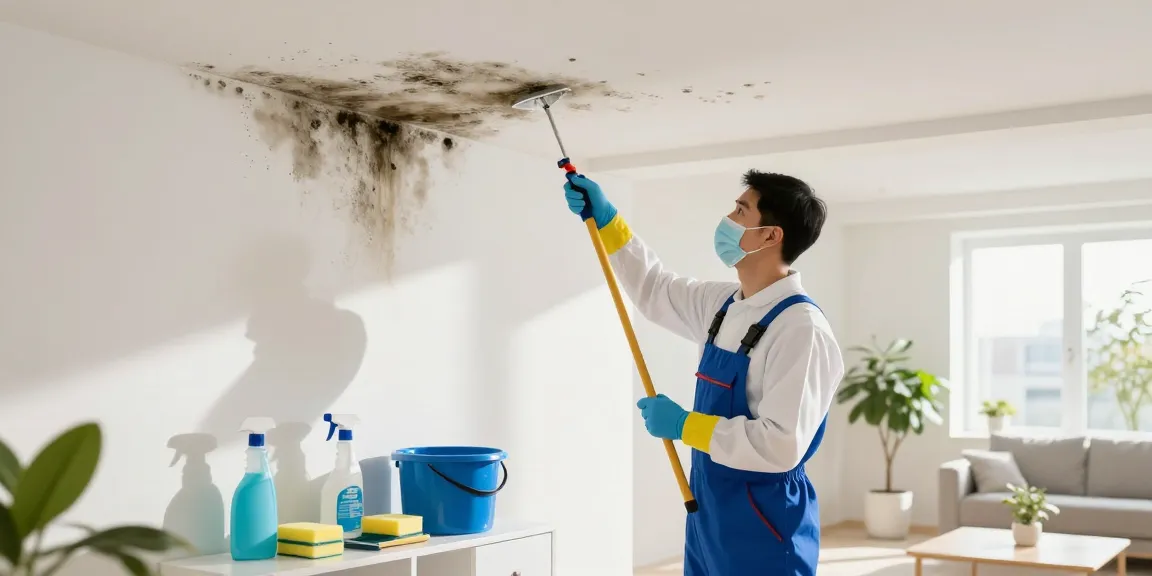 Servicio de limpieza y desinfección de moho en Barcelona en acción, mostrando un profesional tratando moho en el techo.