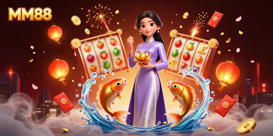 Engaging MM88 casino scene with spinning slot reels and a serene Asian woman, enhancing the gaming experience.