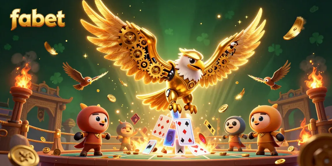 fabet showcases an energetic 3D illustration of a cybernetic eagle diving through playing cards in a vibrant casino scene