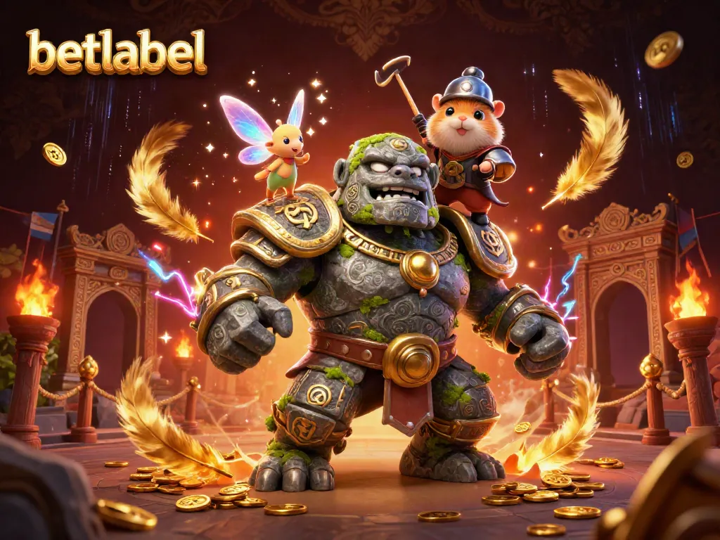 Experience vibrant action at betlabel with a magical golem, fairy, and hamster knight in a dazzling casino setting.