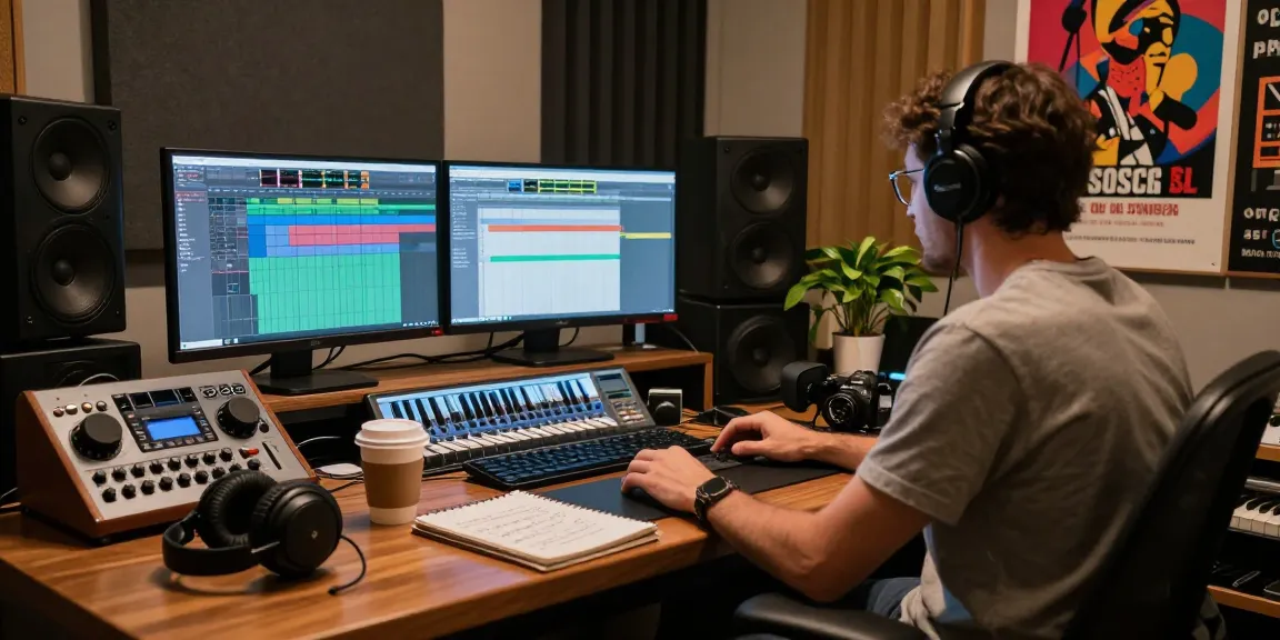 Musician using SC88 sound module in creative studio setup.