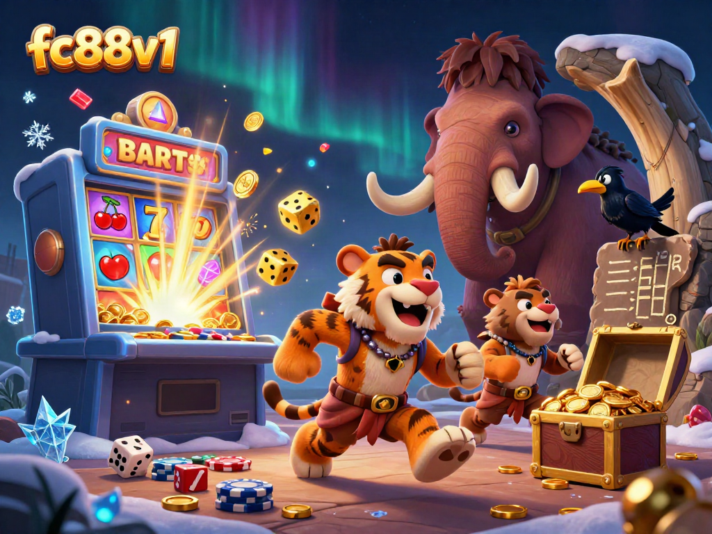 Experience the thrill of winning at fc88v1 with a vibrant casino scene featuring playful characters and dynamic elements.