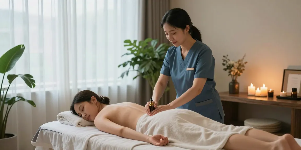 Professional therapist providing 종로출장안마 in a tranquil hotel room setting.