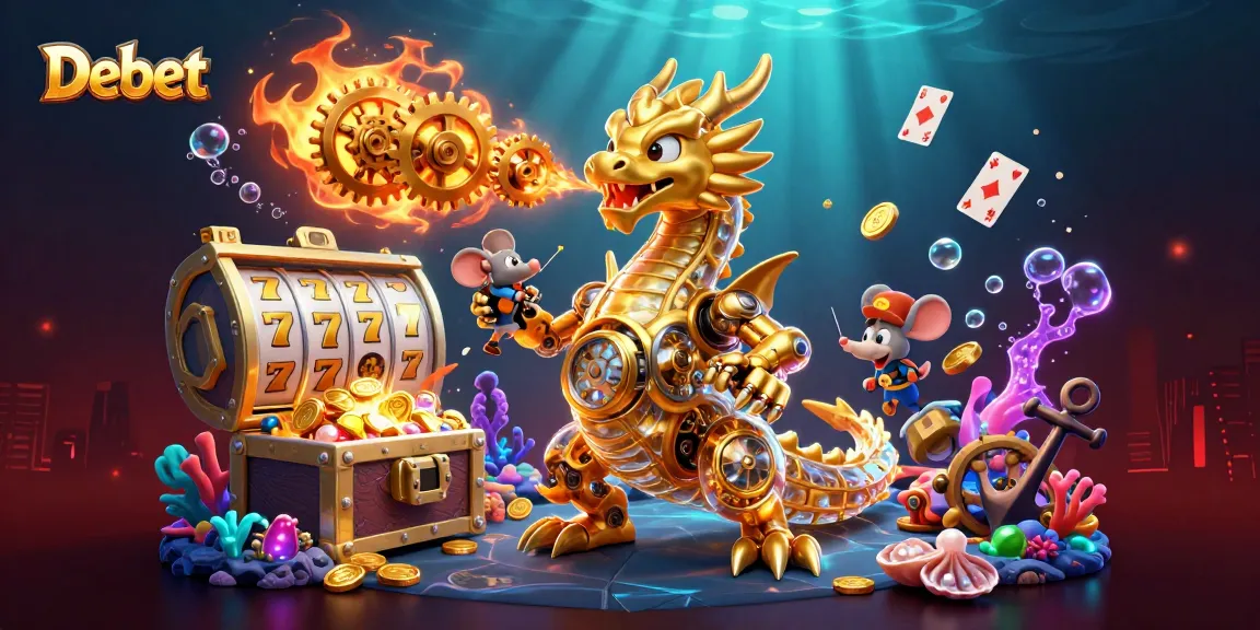 Experience thrilling wins with Debet's vibrant 3D casino illustration showcasing slot reels and gold.