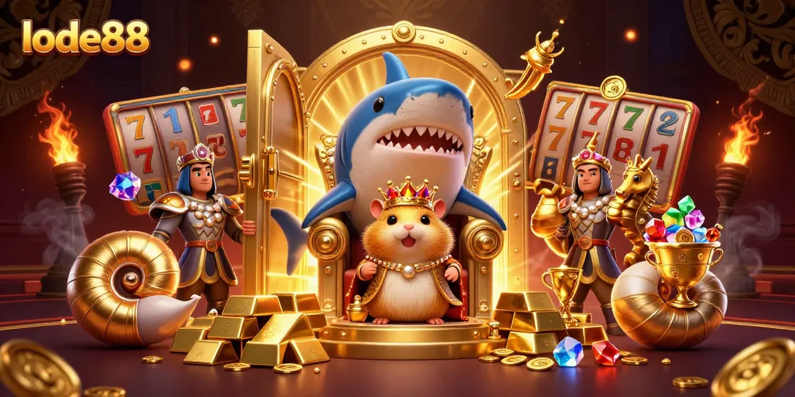 Engage with thrilling lode88 casino action featuring a dynamic scene of a mini golden hamster king and treasures.