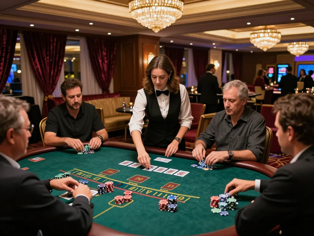 Players enjoying blackjack at B52 Club's upscale gaming table, immersed in the thrill of the game.