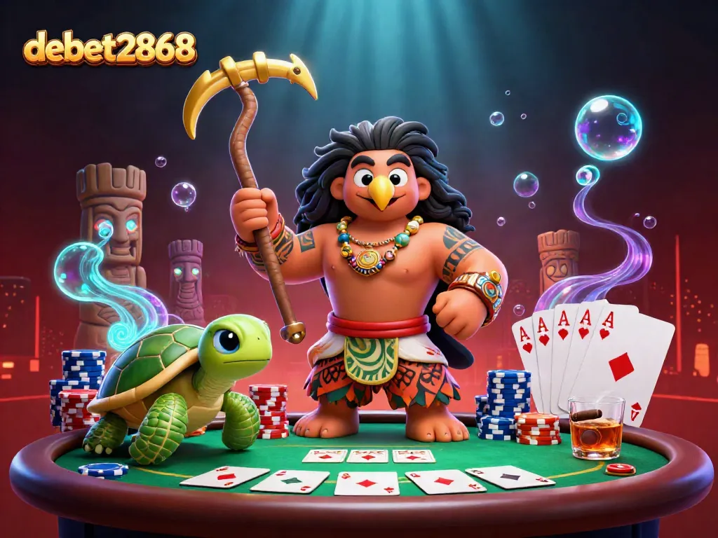 Engage in thrilling poker hands at debet2868 with vibrant 3D characters in an inviting casino scene.