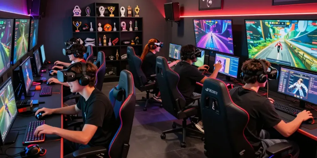 Jugadores emocionados en una escena de videojuegos en phuwerte-inwersowia.com, usando cascos de realidad virtual y disfrutando de un ambiente dinámico.