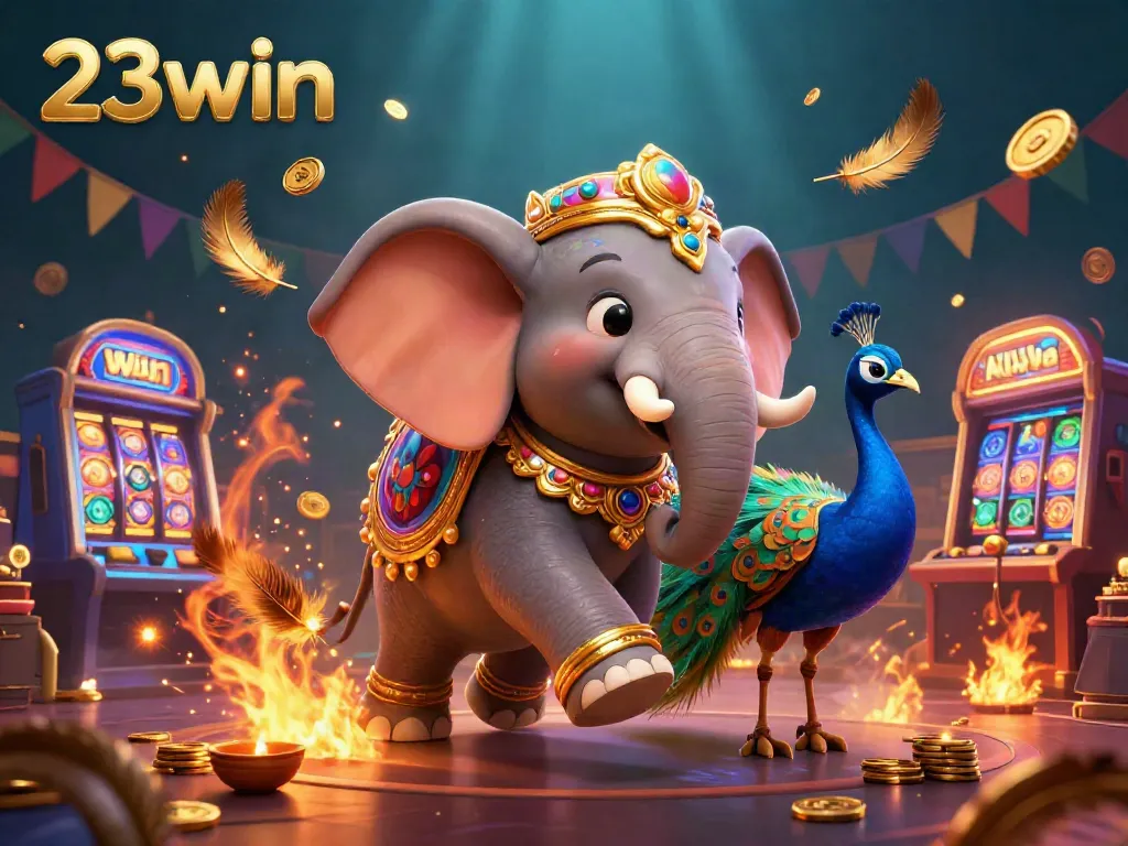 Experience thrilling gameplay at 23win as a colorful elephant and peacock enhance the vibrant casino atmosphere.