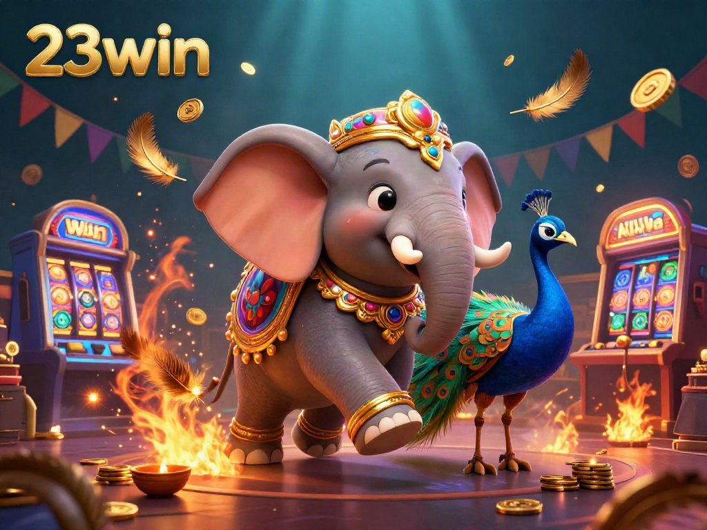 Experience thrilling gameplay at 23win as a colorful elephant and peacock enhance the vibrant casino atmosphere.