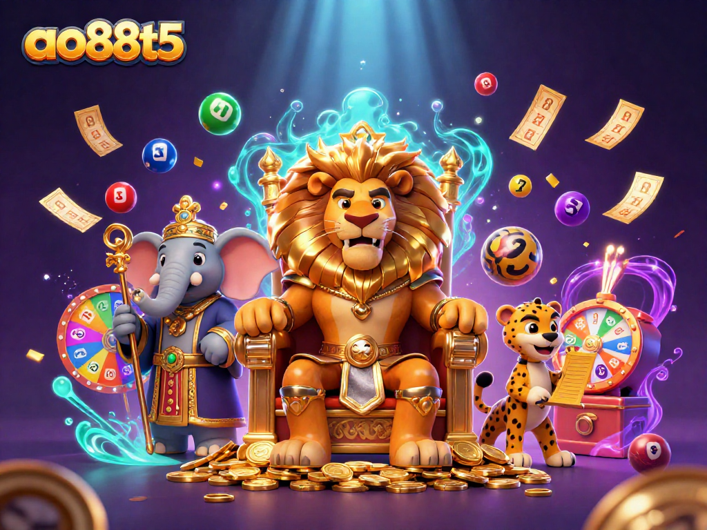 Engage with ao88t5 in a vibrant lottery-themed 3D illustration featuring lively characters and dynamic elements.