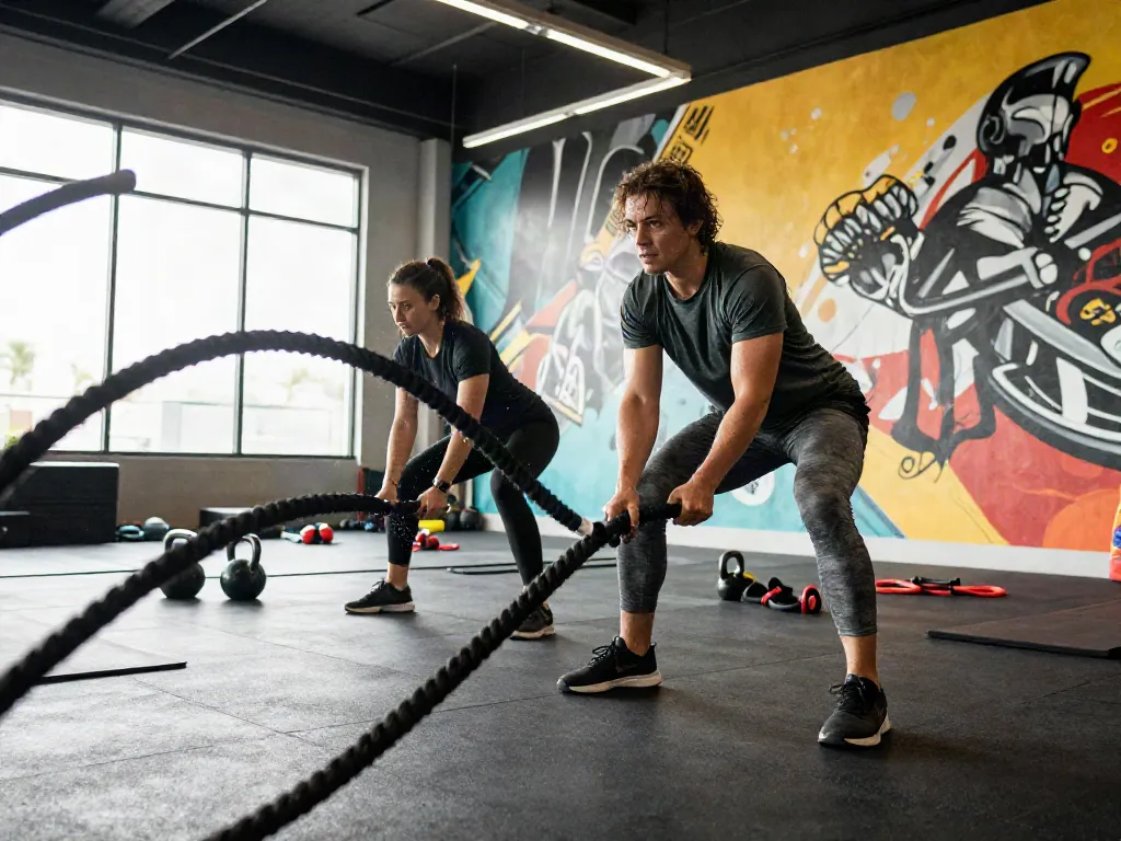 Entrenamiento dinámico con siera kaudalor en un gimnasio moderno, energía y esfuerzo en cada movimiento.