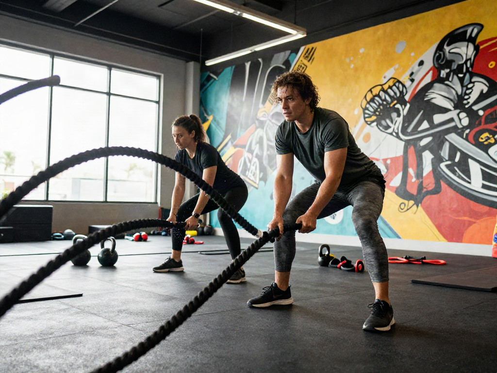 Entrenamiento dinámico con siera kaudalor en un gimnasio moderno, energía y esfuerzo en cada movimiento.