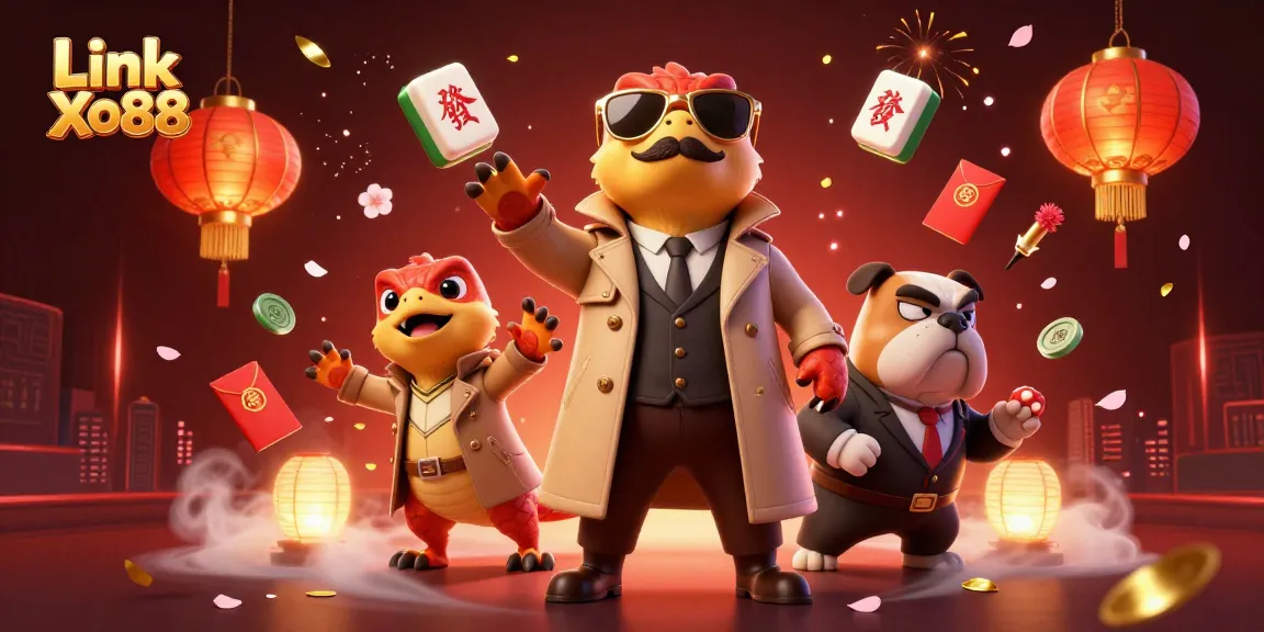 Experience Link Xo88 with raptors in trench coats and a bulldog bouncer in a vibrant casino setting.