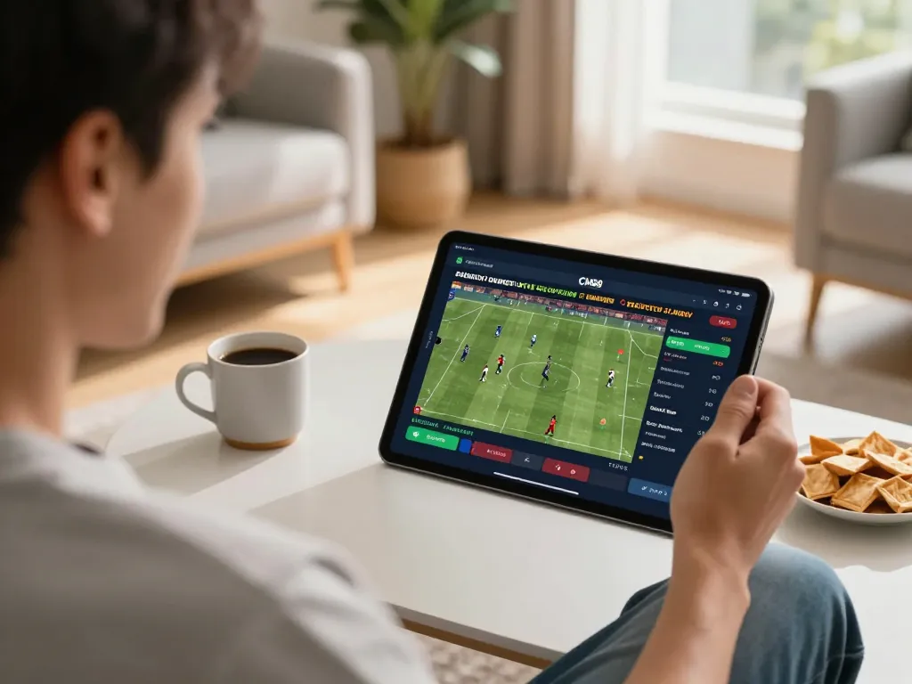 Engaging in sports betting via CM88 app in a cozy home setting, focused on live scores and excitement