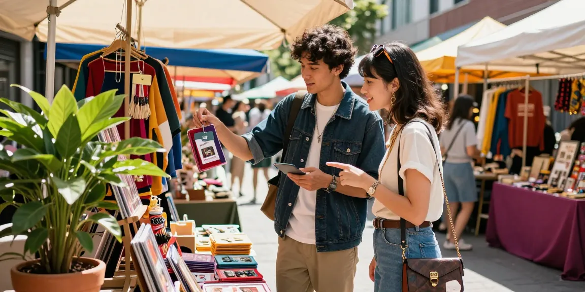 A couple enjoying shopping at an urban market with rokok88 merchandise, vibrant stalls and sunlight.