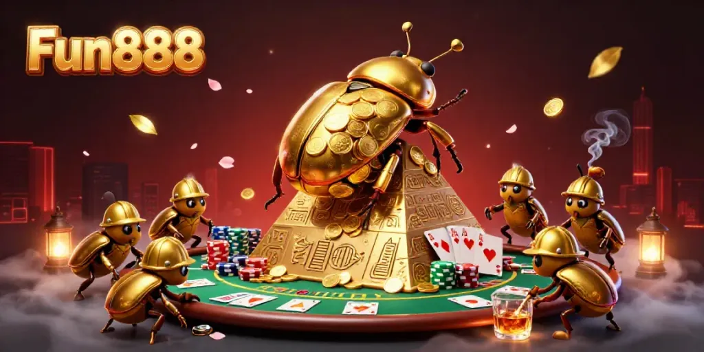 Engage in exciting Fun888 casino adventures with golden beetles and rich gaming elements.