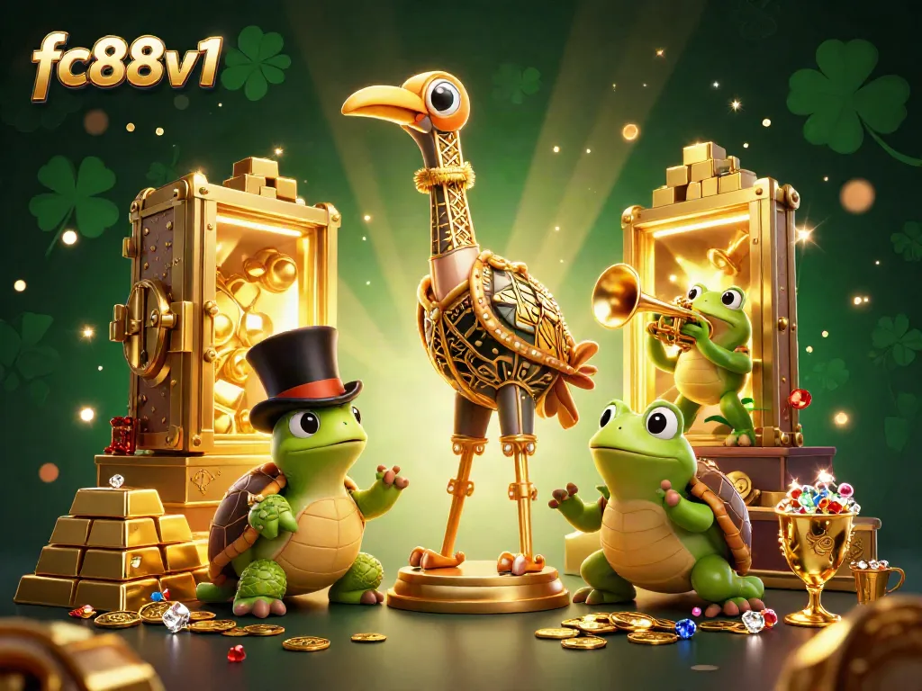 Experience thrilling gambling action at fc88v1 with cartoon characters celebrating treasures in a vibrant casino scene.