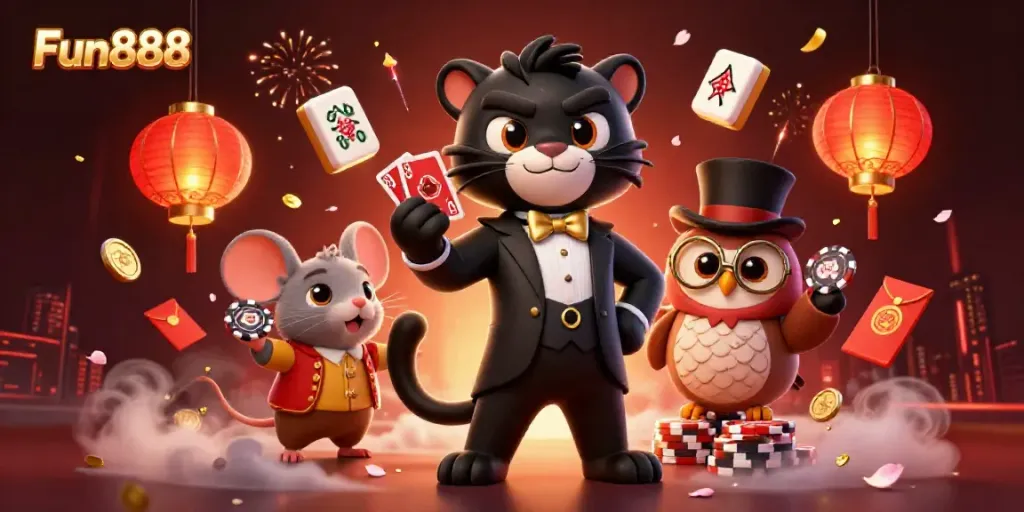 Experience vibrant Fun888 gaming with stylish characters, poker chips, and festive elements.