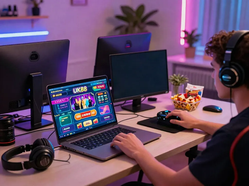Engaged player enjoying UK88 online casino games at home with vibrant atmosphere.