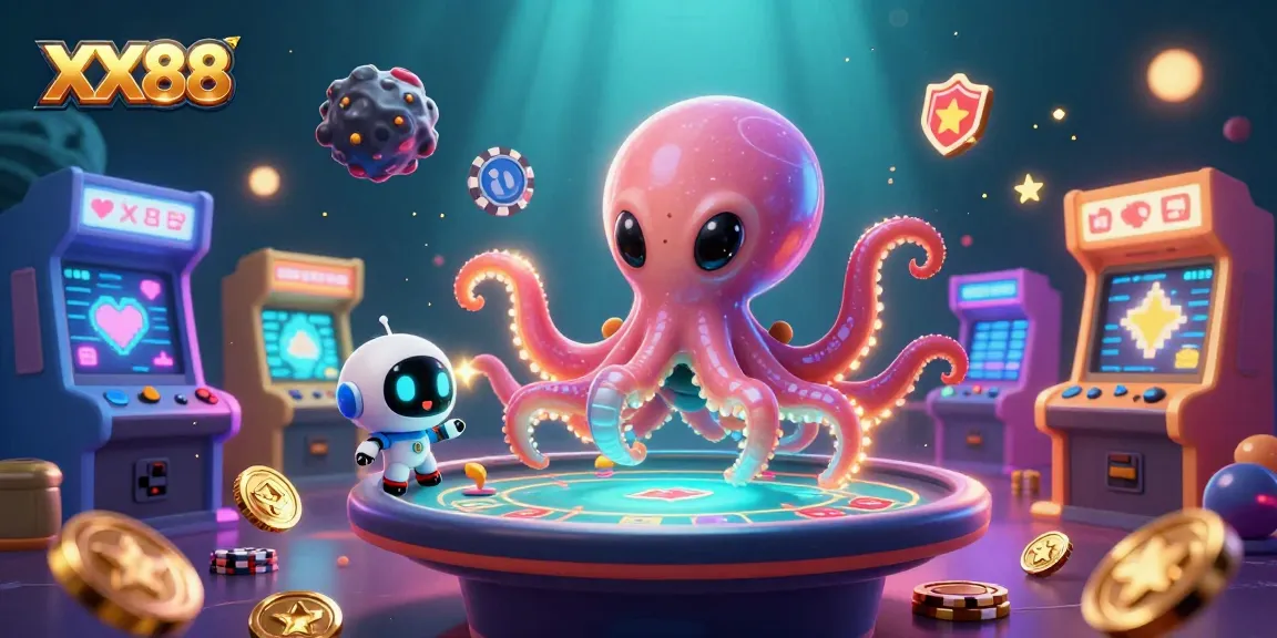 Win big at XX88 with vibrant casino-themed 3D illustration featuring an alien octopus and poker action.