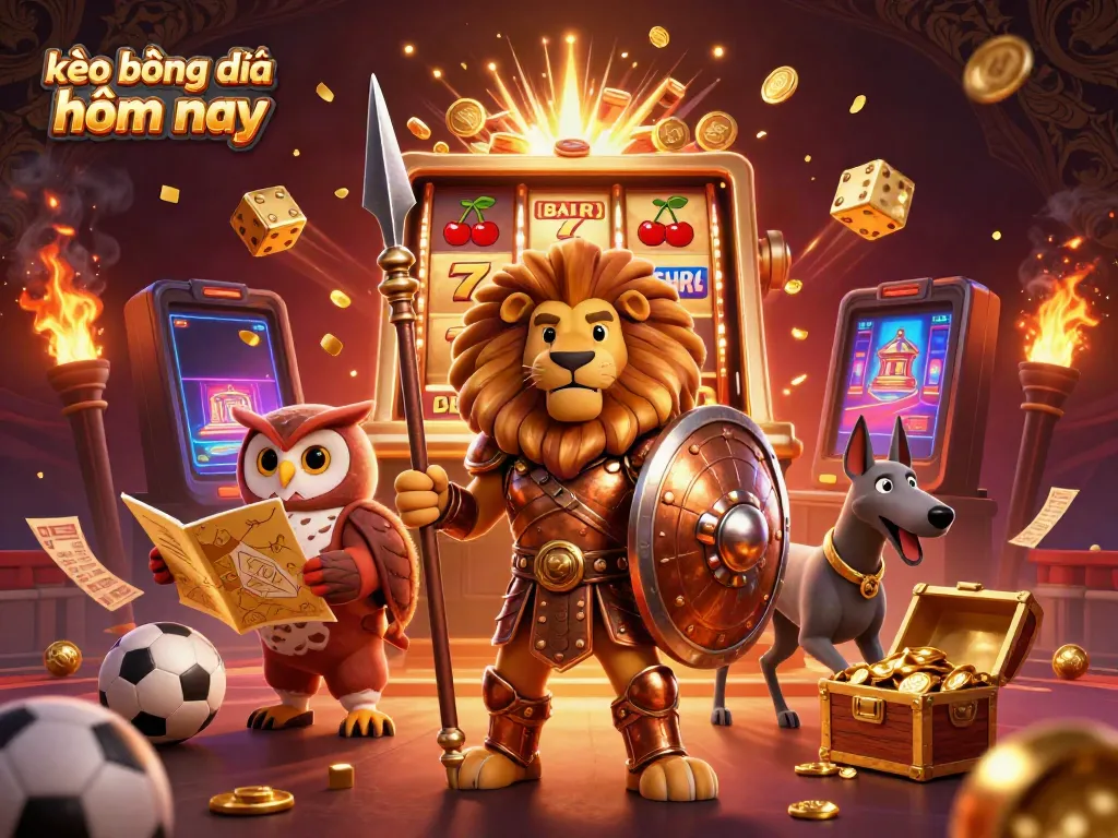 Bet on kèo bóng đá hôm nay with vibrant casino action, showcasing a Spartan lion and golden owl strategizing.