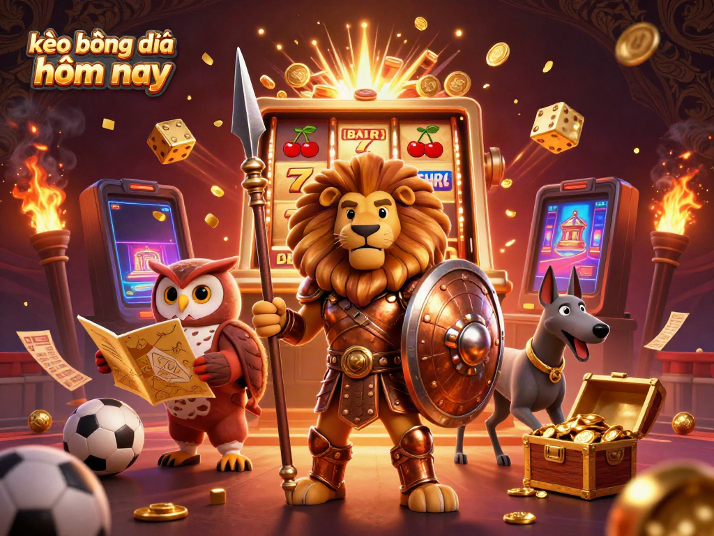 Bet on kèo bóng đá hôm nay with vibrant casino action, showcasing a Spartan lion and golden owl strategizing.