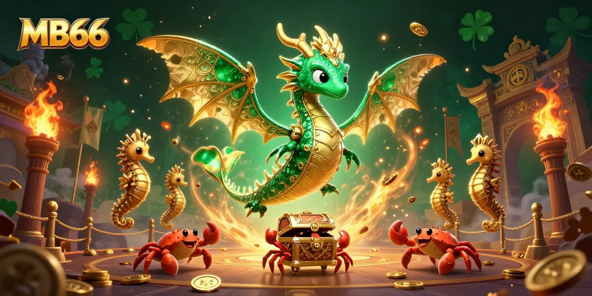 Experience the thrill of winning at MB66 with a lively 3D casino scene featuring a dragon, gold coins, and dynamic game elements.