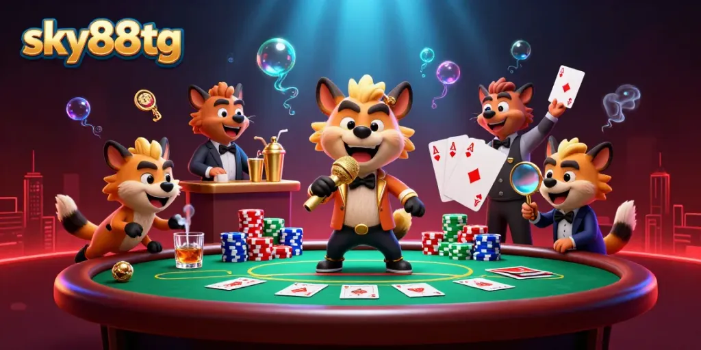 Hyenas in a vibrant casino scene bringing joy to sky88tg players at poker tables.