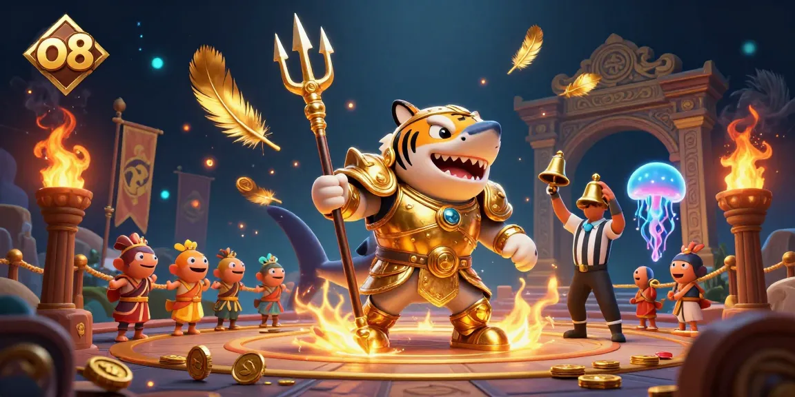 Engage in thrilling action at o8's underwater casino featuring a golden tiger shark and a jellyfish referee.