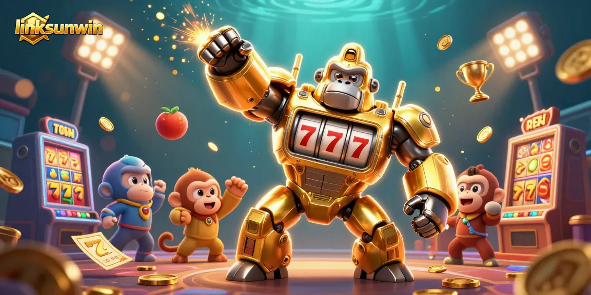 Action-packed linksunwin illustration of a golden gorilla mech with slot elements surrounded by gold coins and trophies.