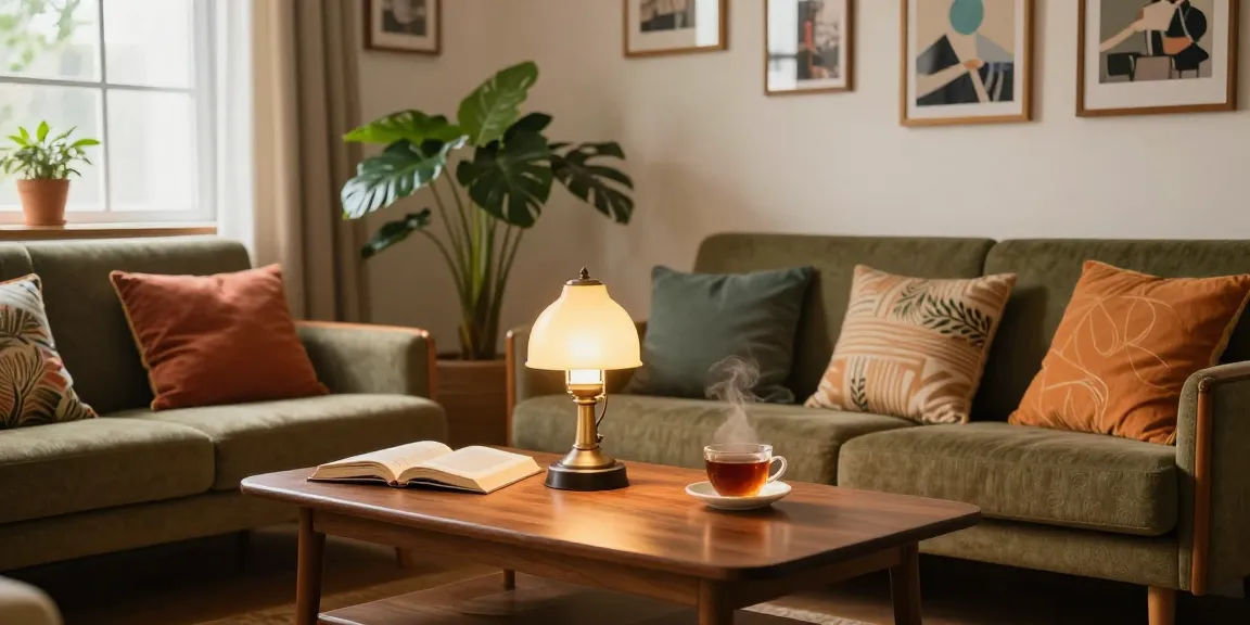 Cozy vintage living room featuring stylish lamparas vintage illuminating a warm atmosphere.