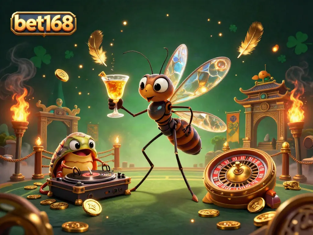 Experience thrilling gaming action with bet168 in a vibrant casino illustration featuring a mosquito mascot and dynamic elements.