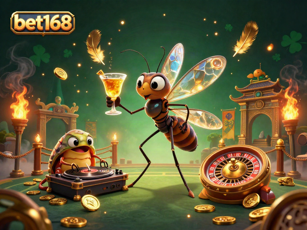 Experience thrilling gaming action with bet168 in a vibrant casino illustration featuring a mosquito mascot and dynamic elements.