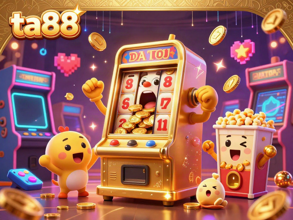 Join the excitement at ta88 with our animated golden slot machine hitting jackpots and cheerful companions.