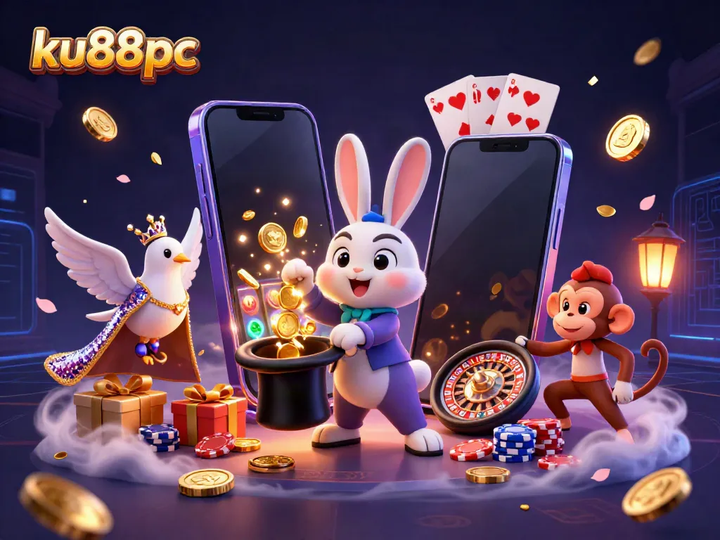Watch the ku88pc magician rabbit conjuring golden coins in a lively casino scene.