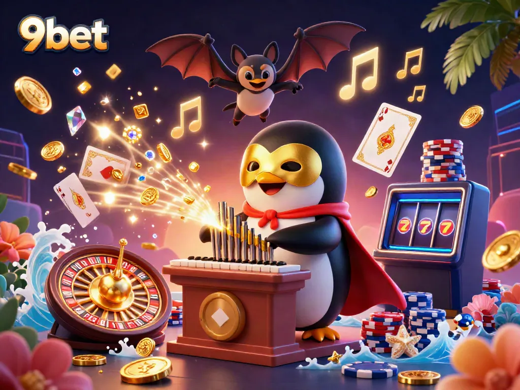 Experience thrilling wins at 9bet with a fantastic 3D casino scene featuring vibrant characters and sparkling game elements.