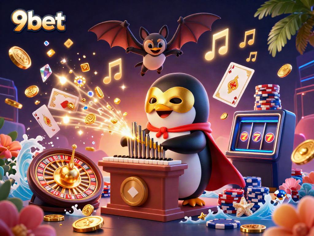 Experience thrilling wins at 9bet with a fantastic 3D casino scene featuring vibrant characters and sparkling game elements.