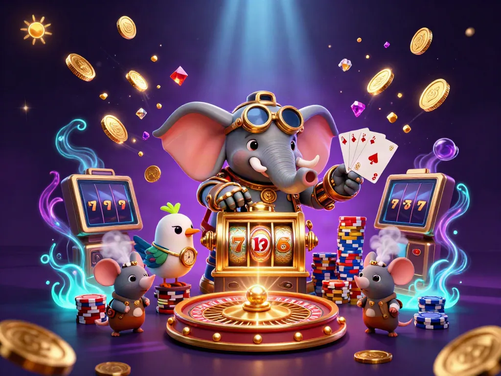Spin the jackpot slots with the sun-themed elephant engineer and flying coins in a vibrant casino setting.