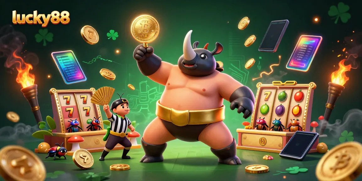 Experience the excitement of lucky88 with a sumo champion beetle and glowing coins in a vibrant casino scene.