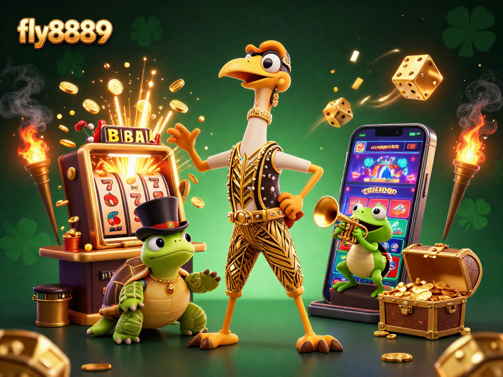 Experience the excitement of fly8889 with a lively 3D illustration capturing a vibrant casino atmosphere.