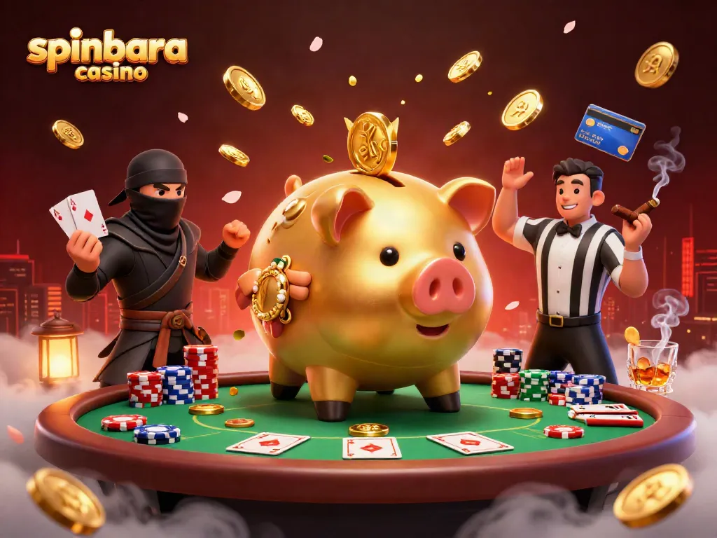 Experience spinbara casino thrills with a dynamic cartoon scene of gambling characters in action.