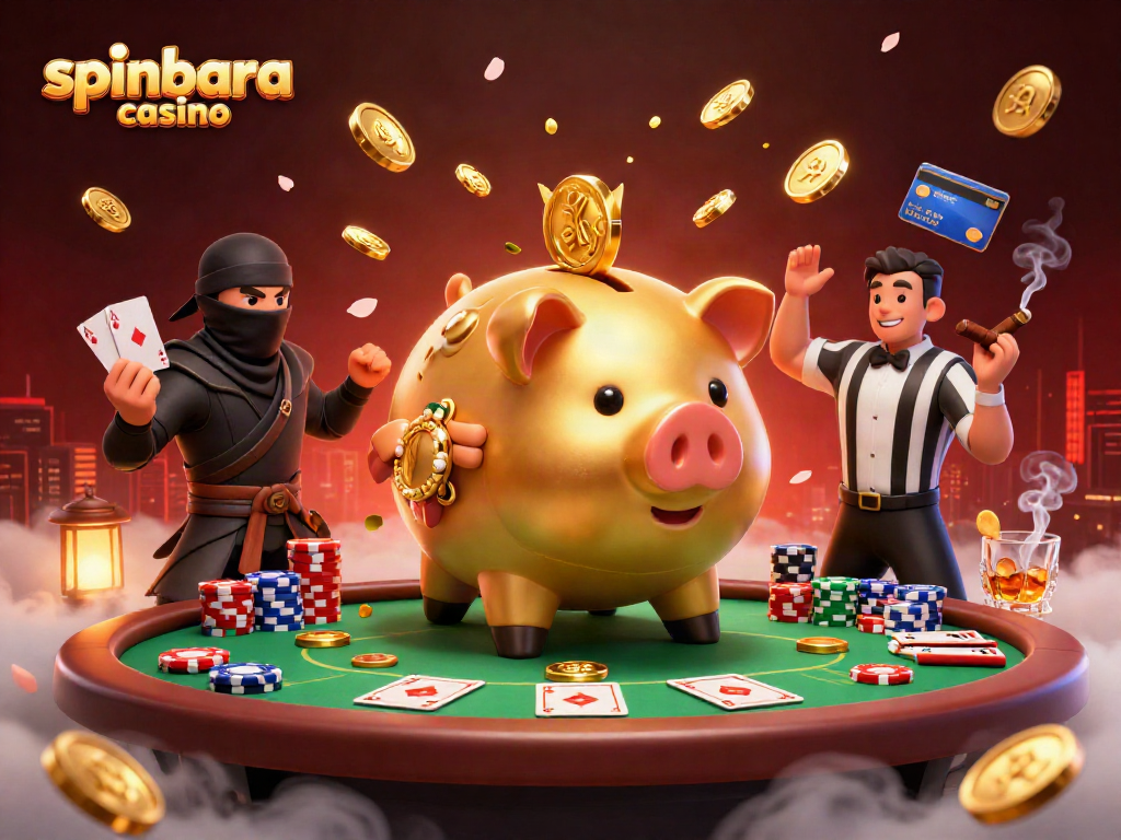 Experience spinbara casino thrills with a dynamic cartoon scene of gambling characters in action.