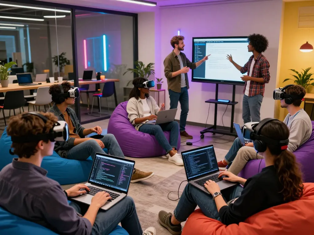 Vibrant tech gathering with diverse individuals discussing spicy ai innovations in a modern workspace.